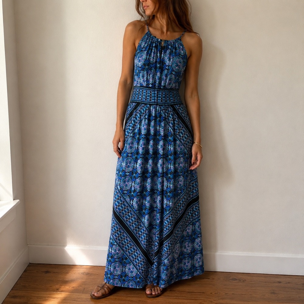 London Style Blue Geometric Halter Maxi Dress Size 14 Boho Resortwear